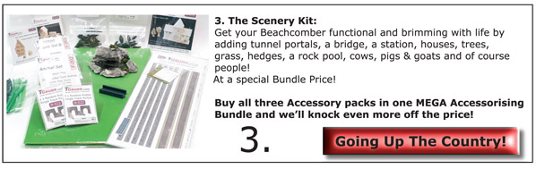 The Scenery Kit: Get your Beachcomber functional and brimming with life by adding tunnel portals, a bridge, a station, houses, trees, grass, hedges, a rock pool, cows, pigs and goats and of course people! At a special Bundle Price!! Buy all three Accessory packs in one mega accessorising bundle and we'll knock even more off the price!